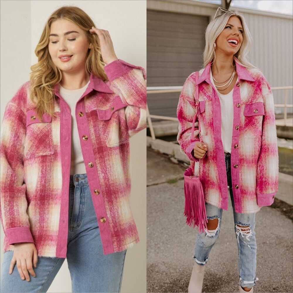 Entro Plaid Shacket Size XL Pink Corduroy Trim Button Front